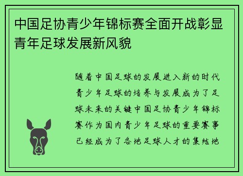 中国足协青少年锦标赛全面开战彰显青年足球发展新风貌