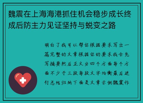 魏震在上海海港抓住机会稳步成长终成后防主力见证坚持与蜕变之路