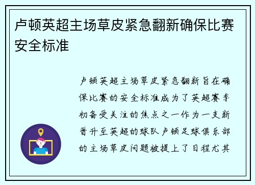 卢顿英超主场草皮紧急翻新确保比赛安全标准 卢顿英超主场草皮紧急翻新确保比赛安全标准
